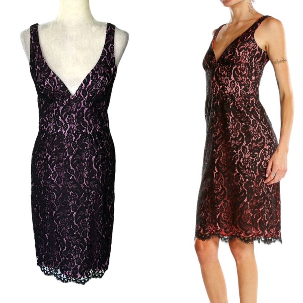 Trina Turk Black Floral Lace & Pink Lilac Sheath Midi Slip Dress - 6